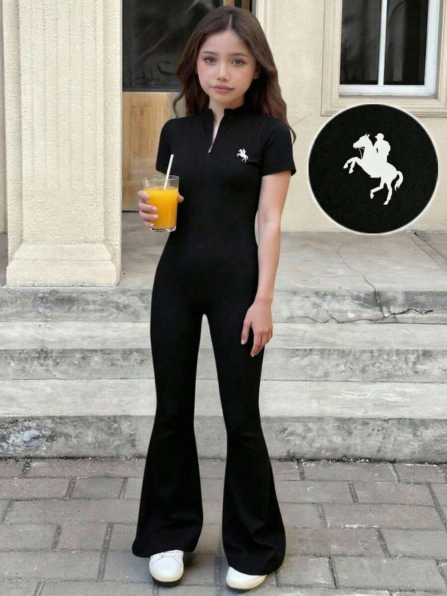 SHEIN Mono de punto de cuello redondo de manga larga informal para niñas preadolescentes - Negro - Ver 1