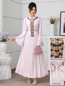 Al Najma Elegant Luxurious Beaded Flare Sleeve Waist Slimming Flared Dress - Pink - View 7