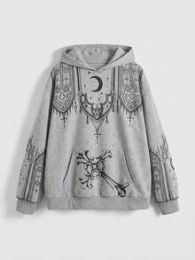 ROMWE Plus Size Vintage Gothic Church Cross Print Loose Fit Zip-Up Sweatshirt - Dark Grey - View 1