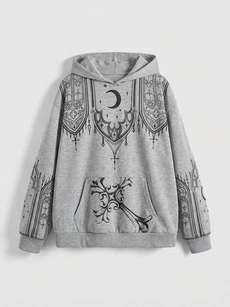 Plus Size Vintage Gothic Church Cross Print Loose Fit Zip-Up Hoodie Sweatshirt