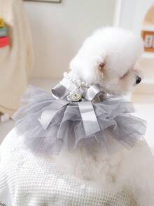 PETSIN 1 Piece Of Clothing For Cats/Dogs, Decorated With Pearl Necklace Dress, Spring And Summer Pet Gray Fluffy Gauze Skirt - Grey - View 6