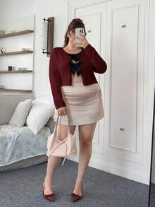 Comfortcana Plus Size Crew Neck Bow Contrast Color Casual Cardigan, Autumn/Winter