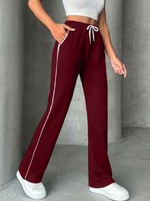 Women's Drawstring Waist Pockets Casual Sweatpants - Burgundy - View 4