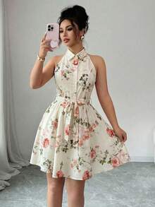 SHEIN Elenzya Sleeveless Shirt Dress With Waist Cinching A-Line Floral Print, Elegant & Romantic Women's Vacation Dress - Multicolor - View 1