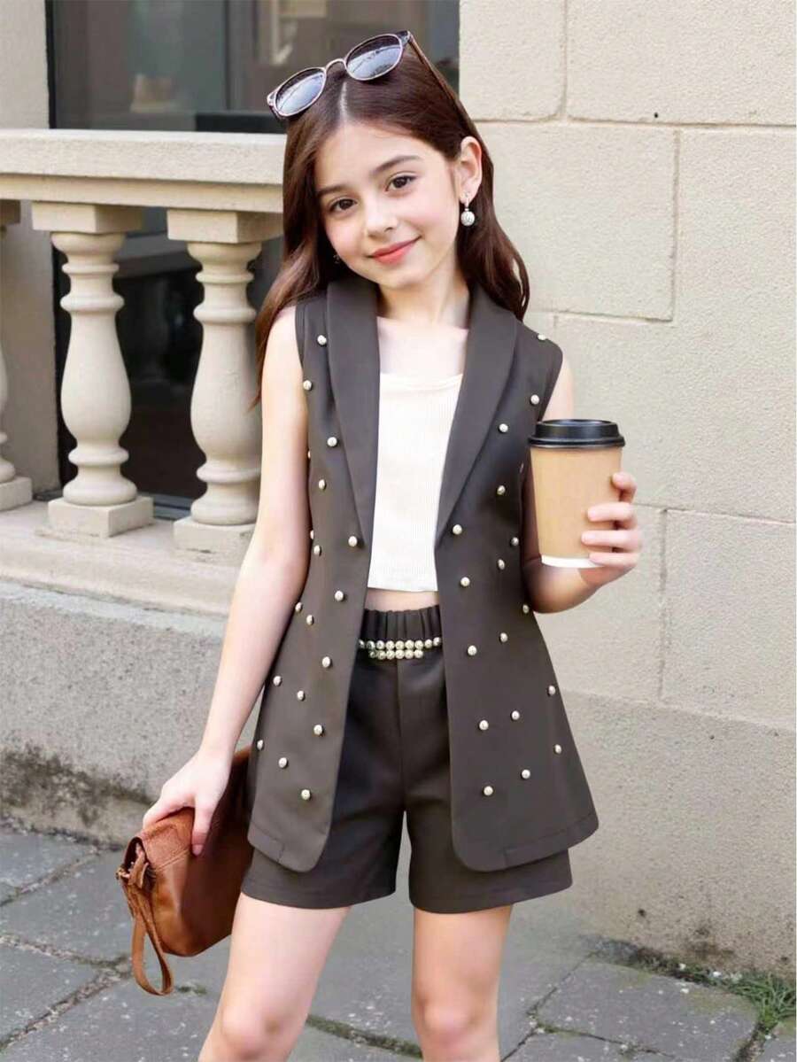SHEIN Elladie kids 女童三件套正式套装:粉色西装外套、吊带背心、珍珠装饰短裤,休闲优雅夏季装扮 - 灰色 - 查看 1
