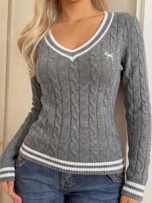 INAWLY Women's Floral Embroidered Bowknot V-Neck Long Sleeve Fitted Sweater - Dark Grey - View 1