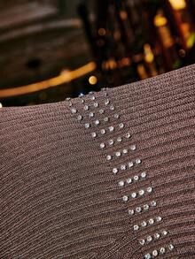 VOLUPTÉ CURVE 大尺碼秋季棕色針織高領修身珍珠羅紋彈性腰部收腰長裙上衣兩件套，優雅復古都市風 - 軍綠色 - 查看 8
