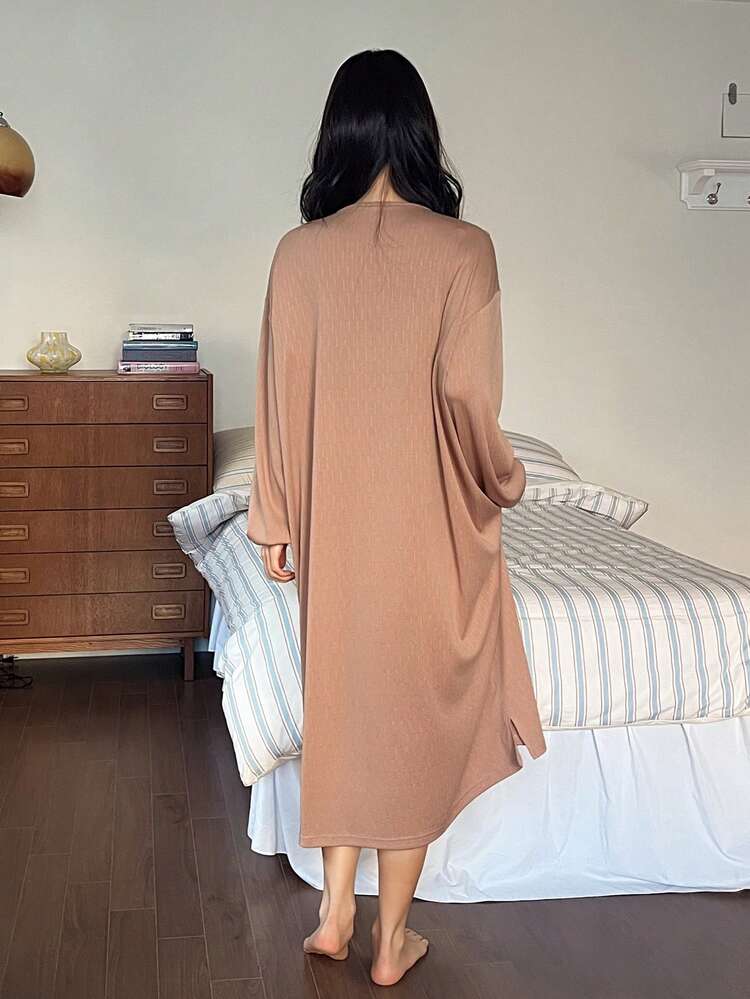 Minimalist Style Tassel Trim Tie Neck Lantern Sleeve Loose Long Women Nightgown