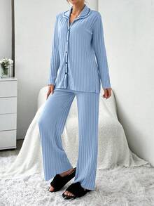EURMUSE 2pcs Set: Contrast Stitching Ribbed Long Sleeve Top And Pants Pajama Set - Blue - View 4