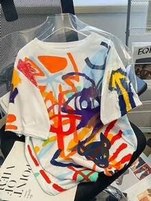 Resyla 夏季新品，彩色涂鸦印花图案，简约休闲风格，穿着舒适，夏季户外上衣，女士常规版型T恤，适合户外活动、购物等场合，时尚新颖的设计 - 彩色 - 查看 4