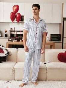 CoupledUp Elegant Gentleman Heart & Letter Print Faux Silk Lapel Men's Pajama Set - White - View 5