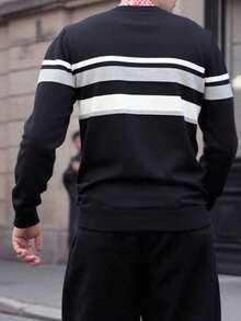 Manfinity Homme Modern Casual Men's Black Knitwear Sweater With Horizontal Stripes And Rib-Knit Details - Black - View 2