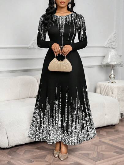 SHEIN Lady Women's Shiny Printed Round Neck Long Sleeve Elegant Dress Dress Modest Black Church Dress Women Long Black Elegant Dress