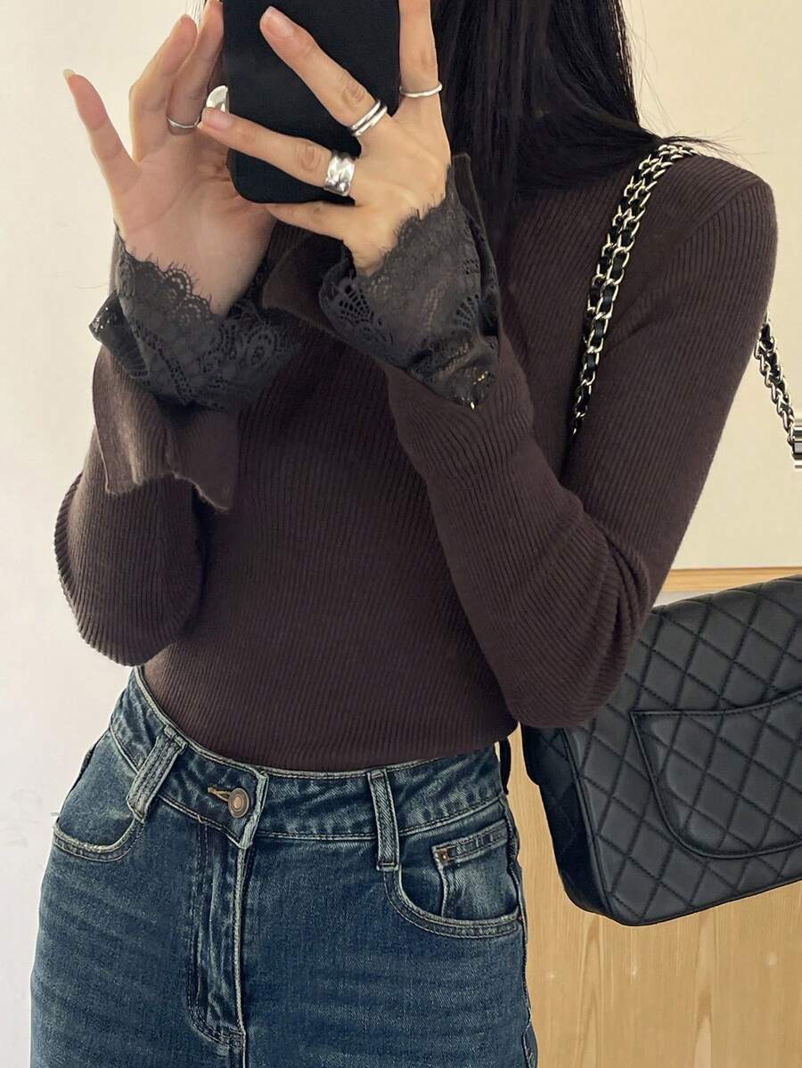 DAZY Sweater Pullover Slim Fit Wanita Kasual untuk Berpergian, Motif Renda Kontras, Musim Gugur/Dingin - Coffee Brown - View 1
