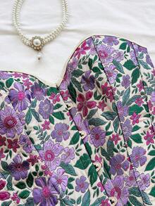 Soleia Vintage Palace Style Colorful Floral Jacquard Print Tube Top With Button And Tie Back Design, Suitable For Vacation Summer Spring Valentine's Day Casual Vacation  Beach Wedding Birthday Going Out Elegant Casual Vacation - Multicolor - View 4