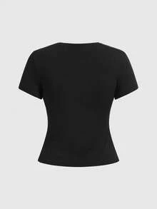 ROMWE Kawaii Y2K Sexy Chic Cat, Pentagram, Heart, Bow Emoticon Print Fitted Women T-Shirt - Black - View 2