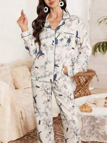 树枝和鸟儿印花女士长袖领睡衣套装 - 杏色 - 查看 1