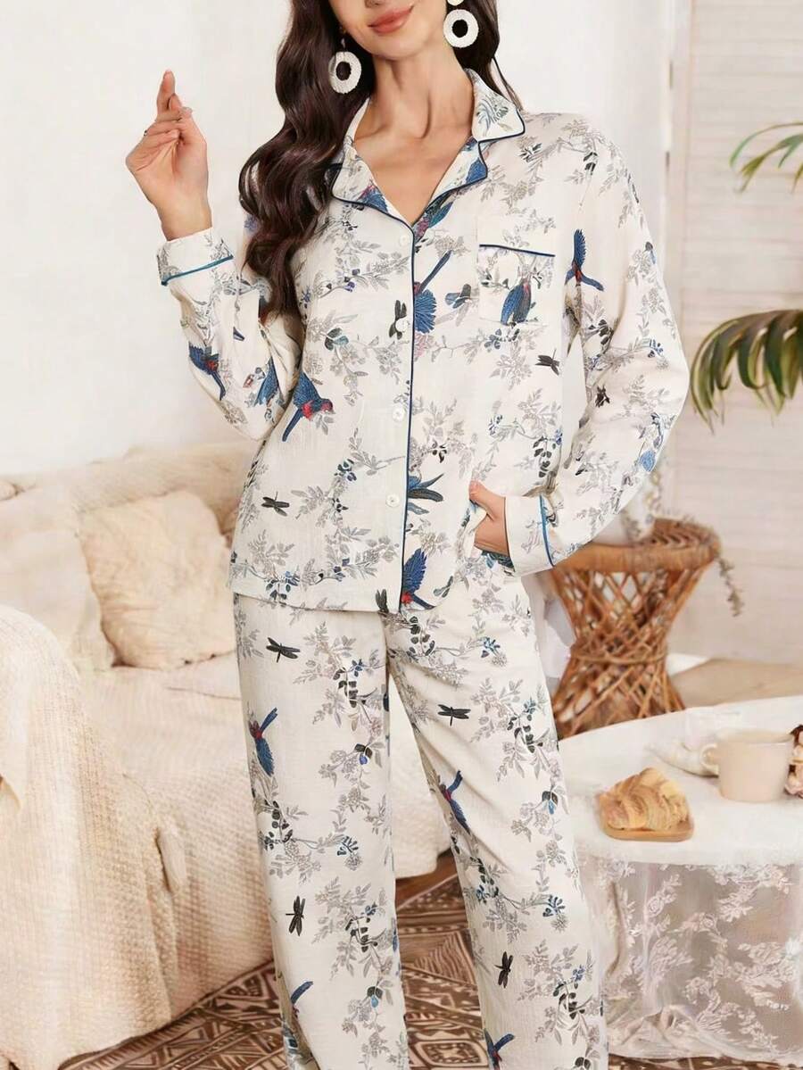 树枝和鸟儿印花女士长袖领睡衣套装 - 杏色 - 查看 1