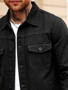 Manfinity Homme Men's Slim Fit Military Green Casual Denim Jacket - Black - View 5