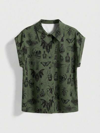 ROMWE Goth Camisa vintage de un solo pecho con estampado casual de luna y planta para mujer