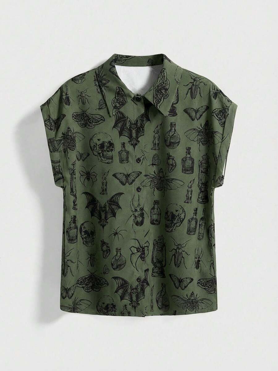 ROMWE Goth 女士休闲哥特风月亮植物复古单排扣衬衫 - 軍綠色 - 查看 1