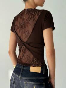 Aloruh Áo thun nữ cổ chữ V tay ngắn phối ren xuyên thấu gợi cảm. - Cà phê nâu - Xem 3