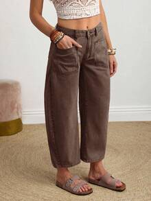 SHEIN CURVE+ 大码女式口袋休闲宽松修身锥形牛仔裤 - 咖啡棕 - 查看 6