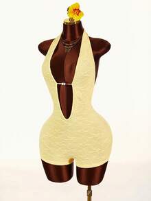 Amplova Bộ áo liền quần nữ thời trang gợi cảm, màu trơn, hở lưng, cổ yếm - Màu vàng - Xem 1