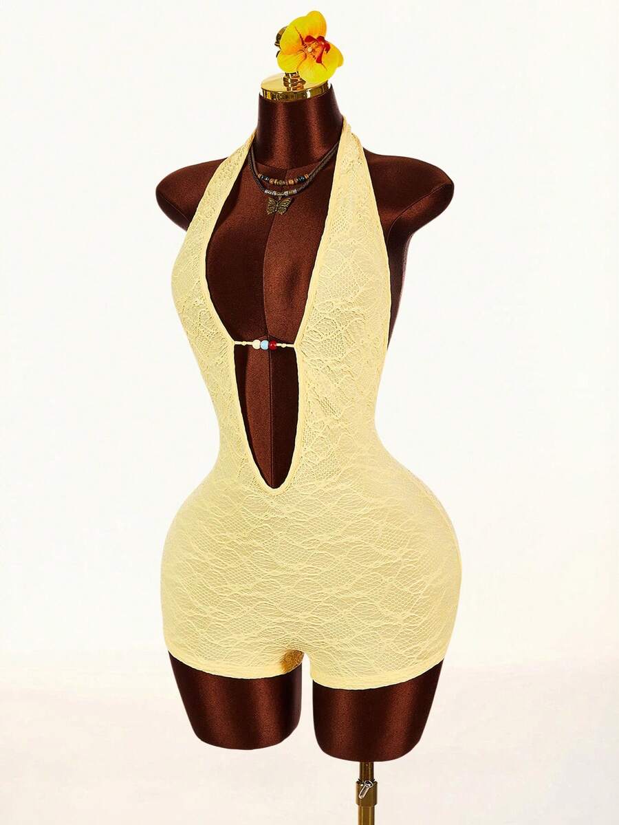 Amplova Bộ áo liền quần nữ thời trang gợi cảm, màu trơn, hở lưng, cổ yếm - Màu vàng - Xem 1