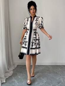 Elenzga New Arrival Spring/Summer Women's Casual Elegant Floral Print V-Neck Waist Fit And Flare Dress Tea Dress French Style Dress Pattern Dress - Multicolor - View 4