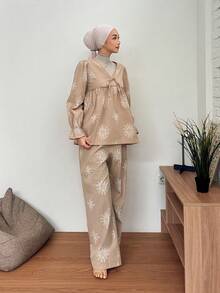 DAZY 印花褶皱泡泡袖女士睡衣套装 - 駝色 - 查看 6