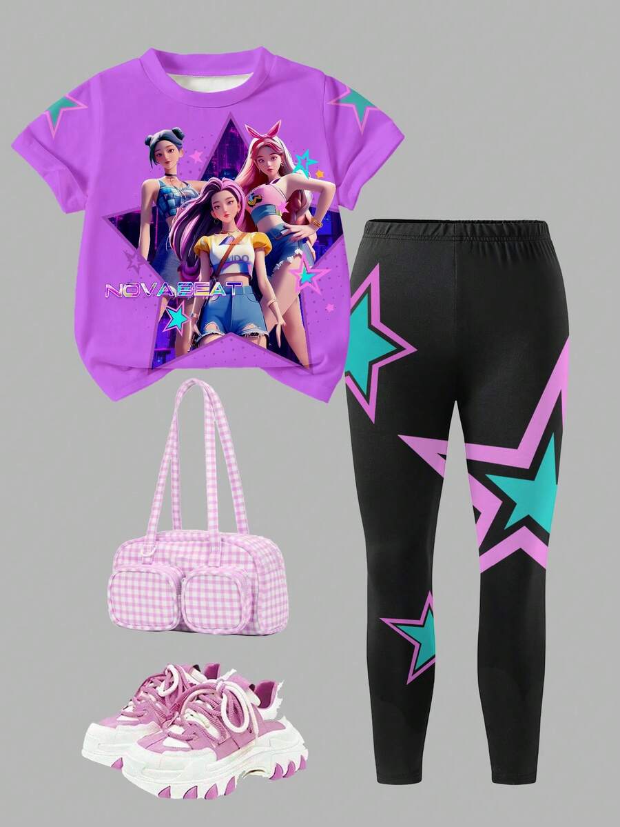 2pcs/Set Girls Idol Group Printed Top & Leggings Set, Fashionable Casual Outfit For Toddlers - Multicolor - View 1