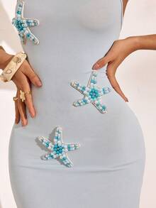 Nevyona 吊带设计，显瘦领口，收腰设计，优雅迷人，串珠流苏下摆，时尚迷人的春夏连衣裙 - 淺藍色 - 查看 5