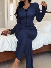 Dream Adore 女士藏蓝色黑边修身长袖长裤睡衣套装，春夏款 - 藏蓝色 - 查看 5