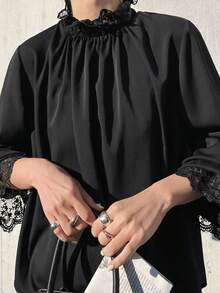 FRIFUL Women's Lace Trim Pleated Collar Fashion Versatile Long Sleeve Blouse For Commuting - Black - View 4