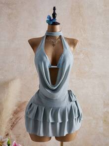 Bellisia Bộ bikini 4 món gợi cảm màu xanh bạc hà ánh kim, cổ xếp ly, thích hợp cho kỳ nghỉ hè 2022, đi biển. - màu xanh lá - Xem 4