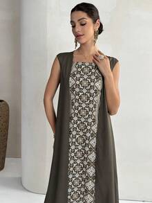 Yasmyna Women's Geometric Print Mesh Patchwork Casual Party Abaya Dress With Batwing Sleeves - Army Green - View 1