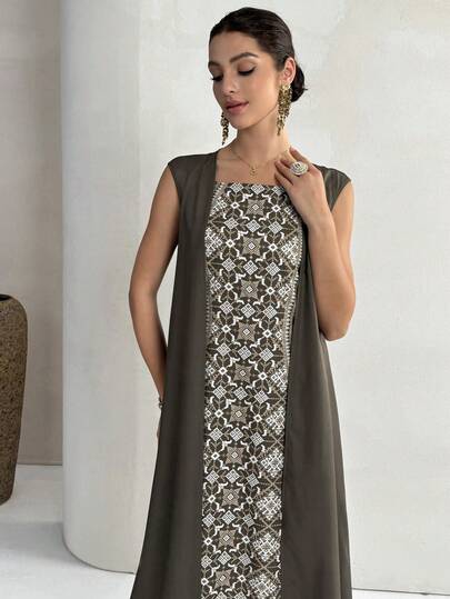 Yasmyna Women's Geometric Print Mesh Patchwork Casual Party Abaya Dress With Batwing Sleeves