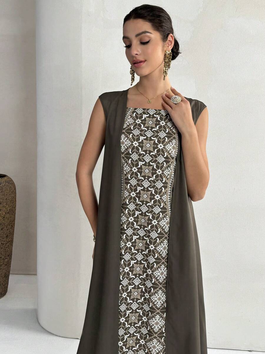 Yasmyna Women's Geometric Print Mesh Patchwork Casual Party Abaya Dress With Batwing Sleeves - Army Green - View 1