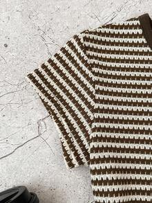 SHEIN Áo thun ngắn tay cổ tròn kẻ sọc dáng casual dành cho nữ tuổi teen, màu cà phê & trắng, mùa hè. - Cà phê nâu - Xem 5