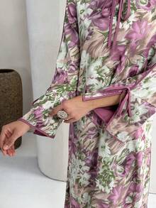 Yasmyna 女士印花系带领口开衩袖休闲派对阿拉伯风格连衣裙 - 彩色 - 查看 1