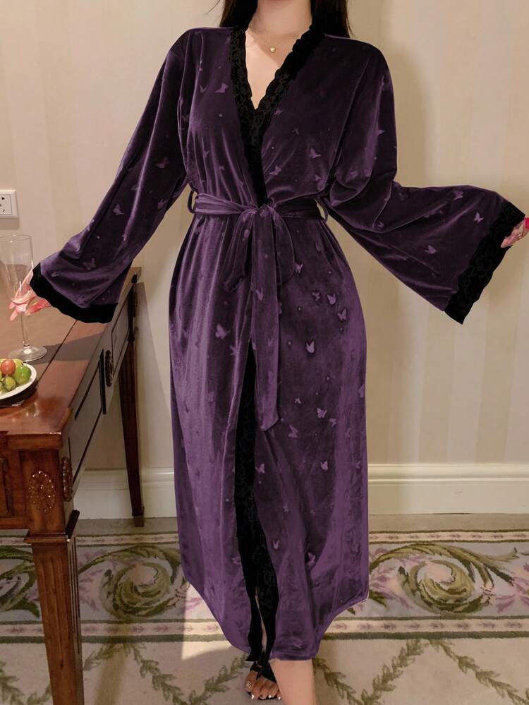 Butterfly Embossed Lace Patchwork Loose Long Sleeve Women Sleepwear Robe