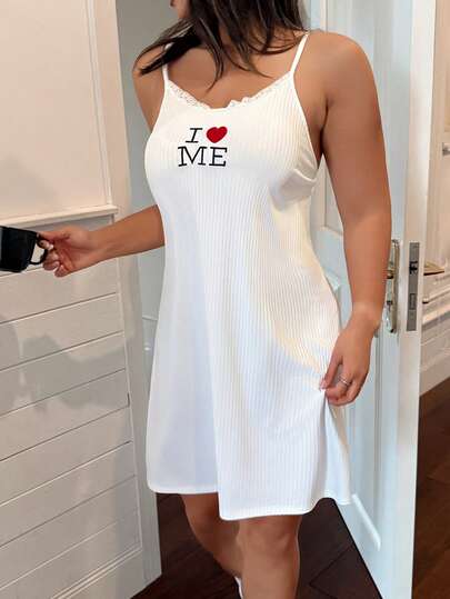 SHEIN Napfluff CURVE Plus Size Women Sexy Lace Trim Letter Embroidery Ribbed Camisole Nightgown