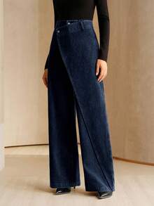 Anewsta 不对称设计女士宽松口袋阔腿牛仔裤 - 藍色 - 查看 3