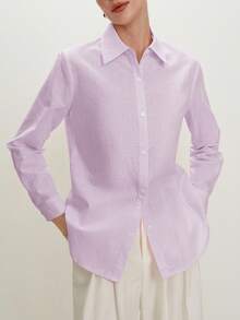 BizChic 新款春夏紫色翻领纽扣休闲女衬衫 - 淡紫色 - 查看 6
