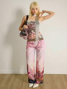 Shutterstock Y2Kool 女士冬季新年修身Y2K性感休闲牛仔裤，复古蘑菇、风景、日落和未来主义图案印花，可爱波西米亚风印花裤，嬉皮风女裤，夏季女裤，阔腿辣妹风花朵牛仔裤，粉色裤，春季女装，生日女装，嘉年华女装 - 粉色 - 查看 1