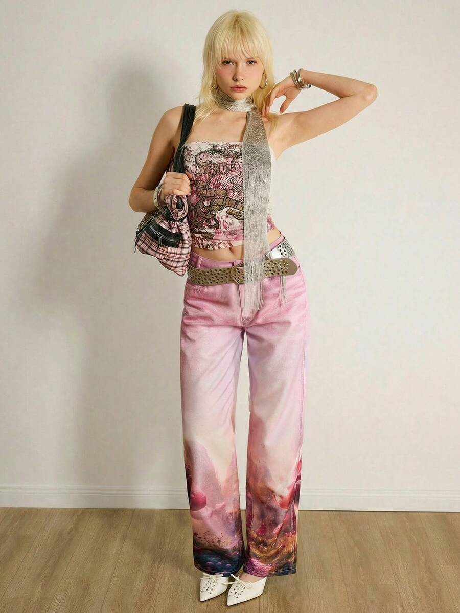 Shutterstock Y2Kool 女士冬季新年修身Y2K性感休闲牛仔裤，复古蘑菇、风景、日落和未来主义图案印花，可爱波西米亚风印花裤，嬉皮风女裤，夏季女裤，阔腿辣妹风花朵牛仔裤，粉色裤，春季女装，生日女装，嘉年华女装 - 粉色 - 查看 1