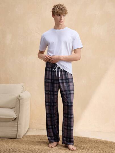 SHEIN EverLounge 男士格子抽绳腰宽松休闲裤