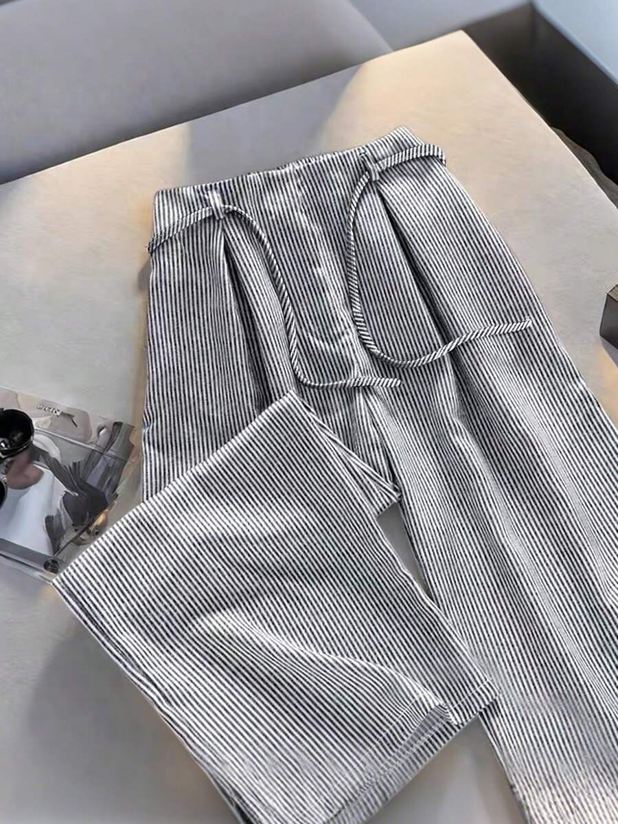 Resyla Women's Simple Woven Striped High Waist With Belt Pockets Straight Leg Casual Pants Grey Pants Drawstring Pants Casual Pants For Women Gray Sweatpants Knit Pants Striped Pants - Black - View 1