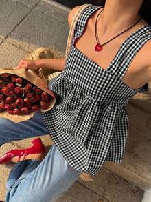 SHEIN EZwear 女士夏季度假休闲格子印花吊带背心 - 黑與白 - 查看 6